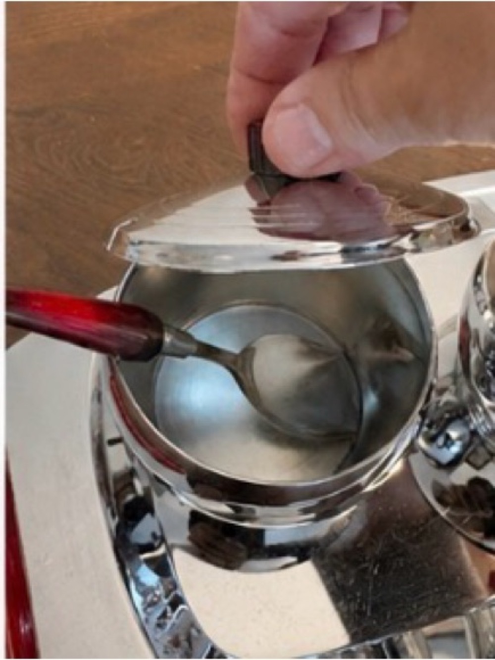 Vintage Mid-Century Chrome Cream & Sugar Set with Tray | Red Lucite Handles - Picture 6 of 6